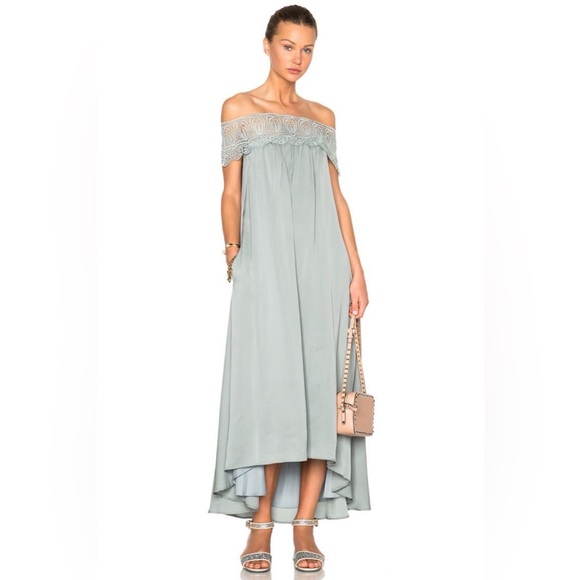 Self-Portrait Dresses & Skirts - Self-Portrait Lace Shouldered Maxi Dress Silk Blend  Ice Grey Size 2